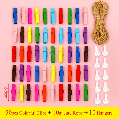 50 bucăți ace de haine din lemn, agrafe de haine colorate din lemn Agrafe de artizanat cu frânghie de iută de 33 de picioare Fotografie pentru fotografie pentru decorarea interioară