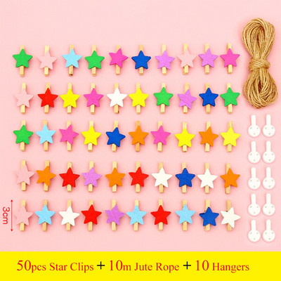 50 bucăți ace de haine din lemn, agrafe de haine colorate din lemn Agrafe de artizanat cu frânghie de iută de 33 de picioare Fotografie pentru fotografie pentru decorarea interioară