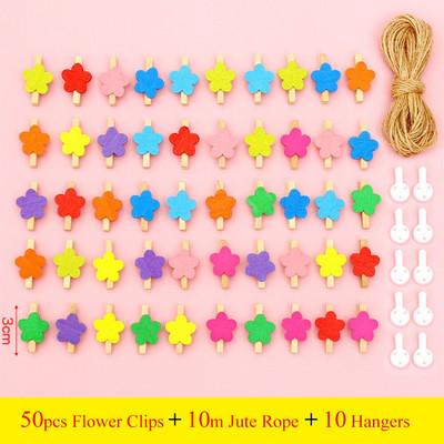 50 bucăți ace de haine din lemn, agrafe de haine colorate din lemn Agrafe de artizanat cu frânghie de iută de 33 de picioare Fotografie pentru fotografie pentru decorarea interioară