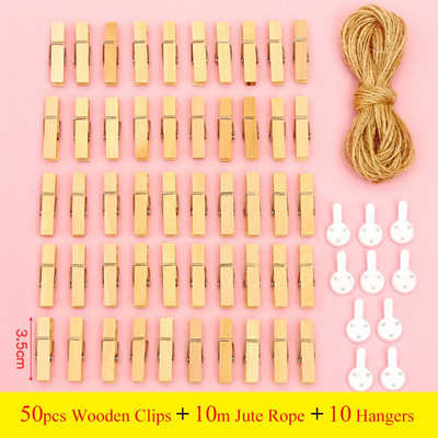 50 bucăți ace de haine din lemn, agrafe de haine colorate din lemn Agrafe de artizanat cu frânghie de iută de 33 de picioare Fotografie pentru fotografie pentru decorarea interioară