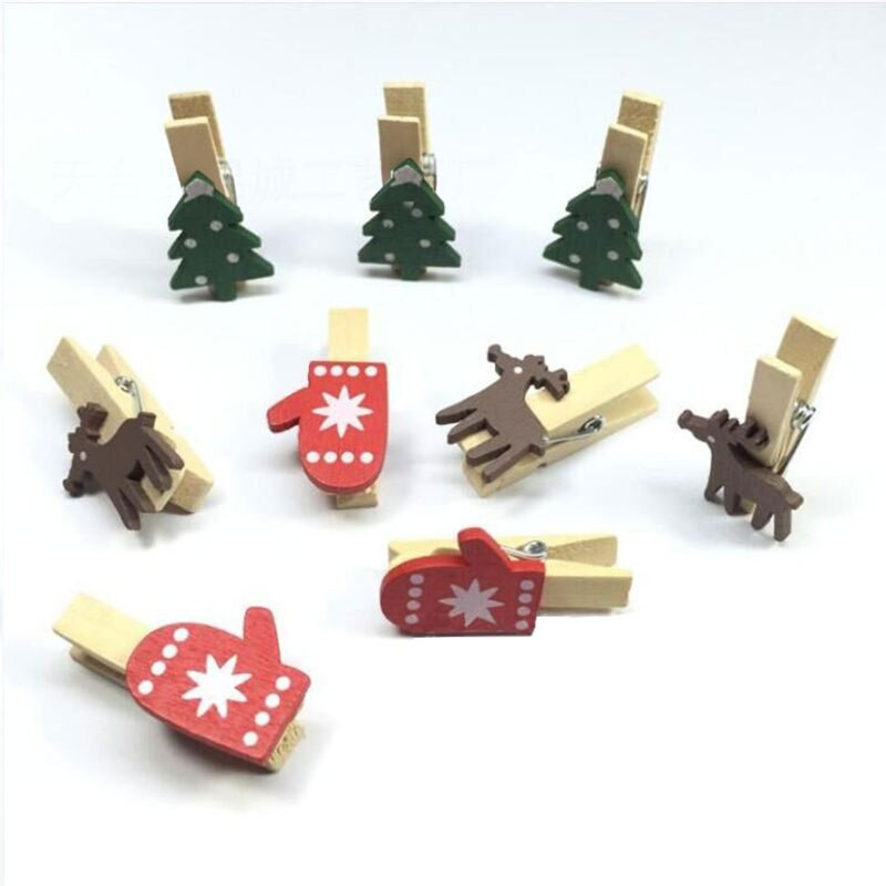 10 ks kreslených nálepiek s drevenými klipmi, vianočná séria, drevené klipy na ochranu životného prostredia, farebné drevené klipy na stromy/losy/rukavice