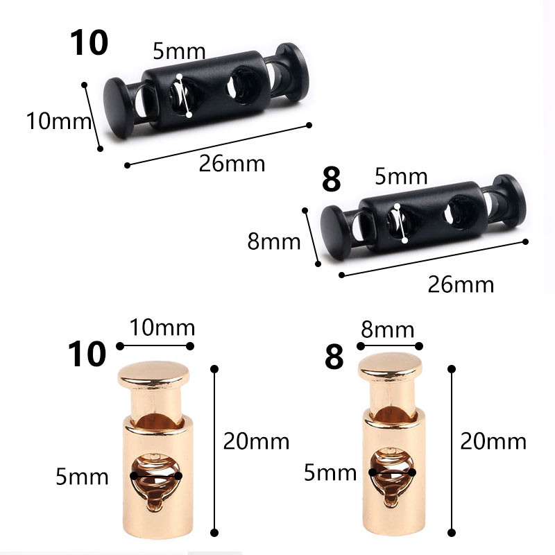 10 tk metallist musta nööriga lukuga vedrukinnitusega kork, kahe auguga pingutusnööri korgi lülitid Paracordi rõivaste kingapaela köie osade jaoks