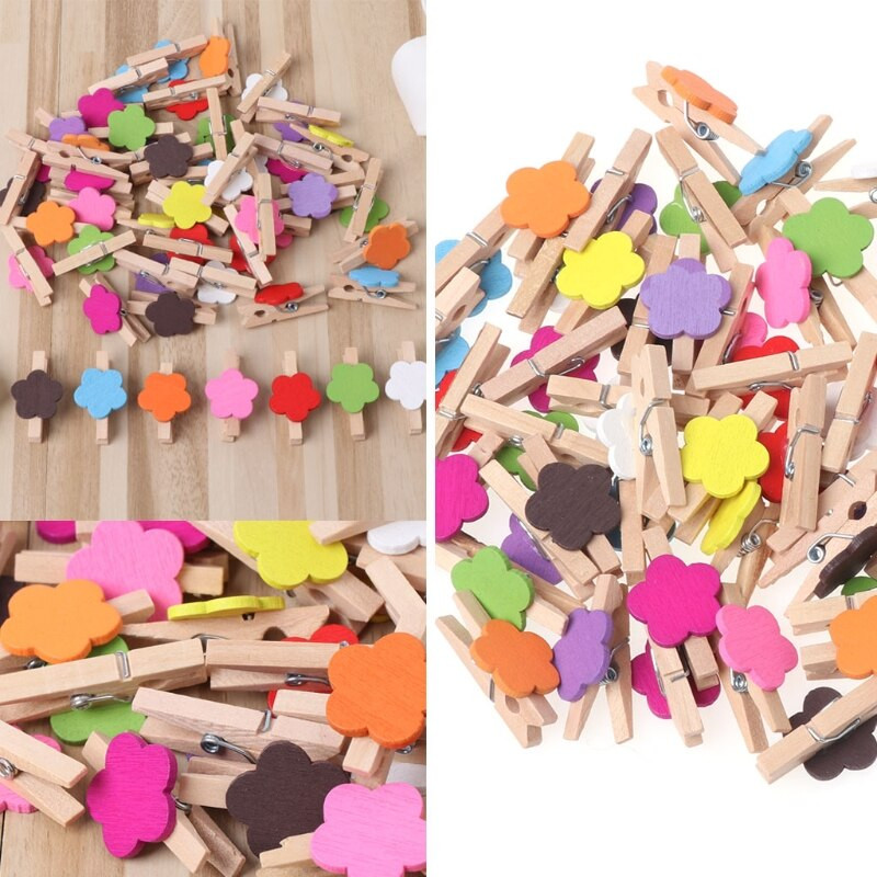 HX5B, 50 tk, värviline lilleline mini puidust käsitööklambrid, kaart fotopaberist nööpnõelaga riidenõel