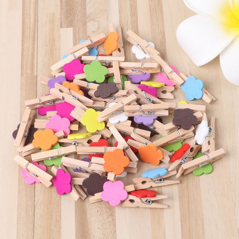 HX5B, 50 tk, värviline lilleline mini puidust käsitööklambrid, kaart fotopaberist nööpnõelaga riidenõel