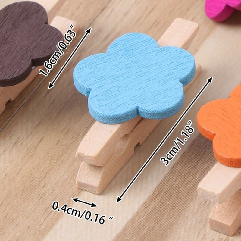 HX5B, 50 tk, värviline lilleline mini puidust käsitööklambrid, kaart fotopaberist nööpnõelaga riidenõel