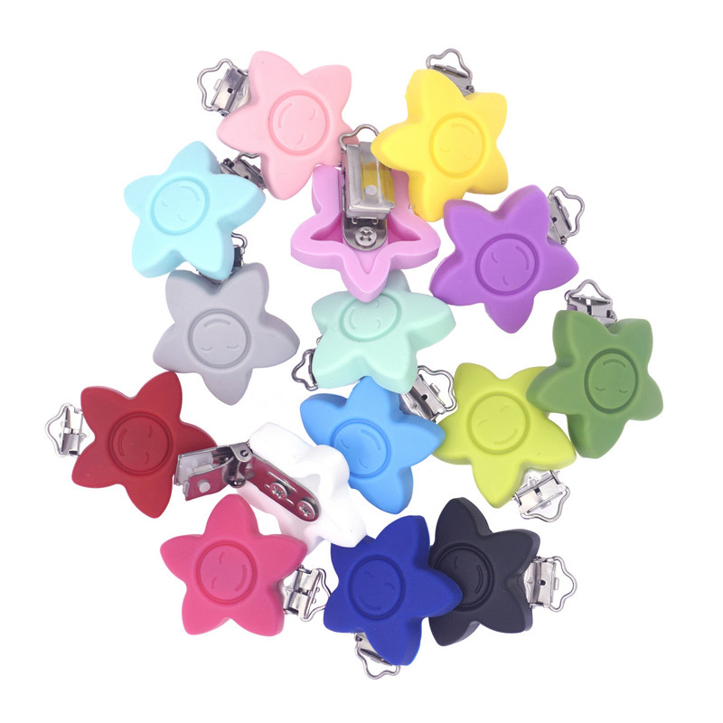 Silikónové klipy na cumlík s hviezdičkami, ekologické, bez BPA, jednofarebné, senzorické hračky, klipy na traky pre bábätká, 10 ks