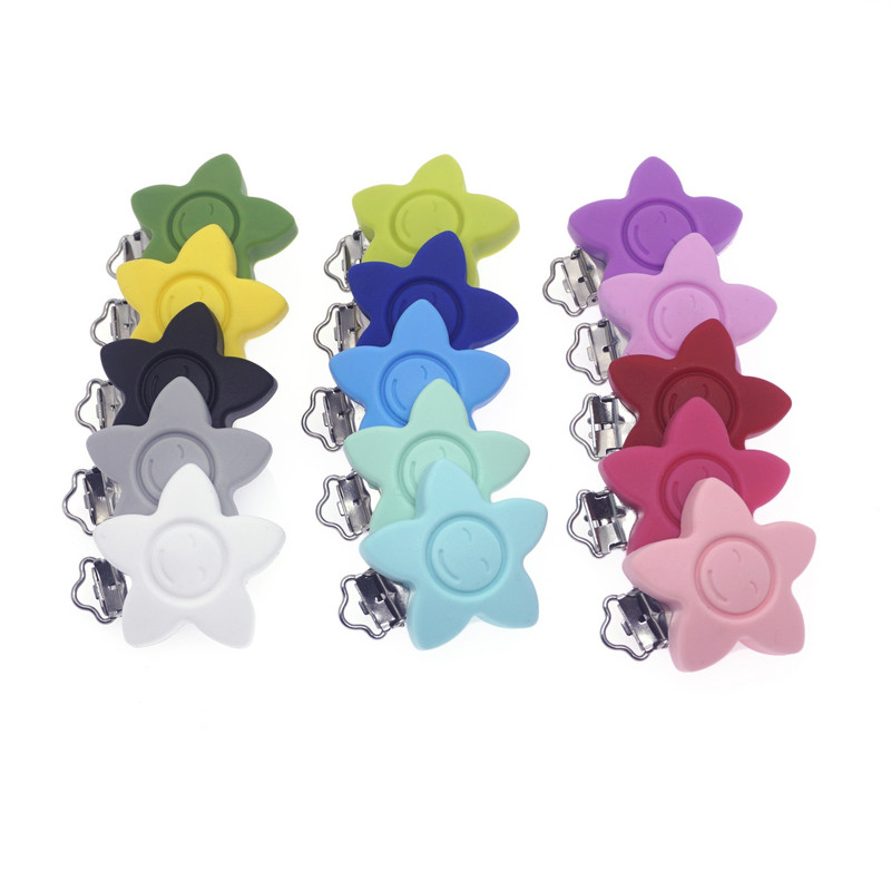 Silikónové klipy na cumlík s hviezdičkami, ekologické, bez BPA, jednofarebné, senzorické hračky, klipy na traky pre bábätká, 10 ks