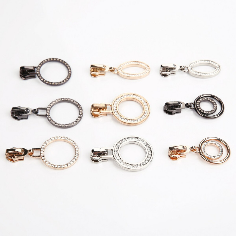 5# Kovové nylonové zipsové doplnky Lesklé okrúhle krúžky Diamantové sťahováky Posuvníky Oprava zipsu Výmena DIY Dizajn Šitie oblečenie