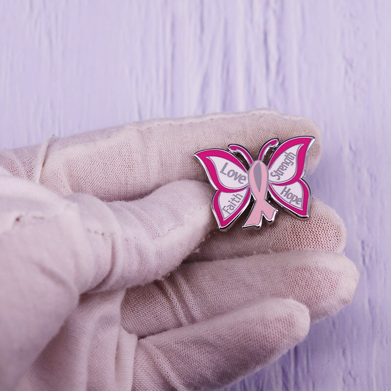 C2180 Ružičasta vrpca Leptir Ljubav Vjera Snaga Nada Igle za revere Ružičasta svijest o raku dojke Zaštitite žene Emajlirana igla