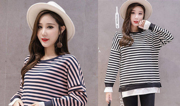 Pikkade varrukatega triibuline ovaalse kaelusega rasedapluus