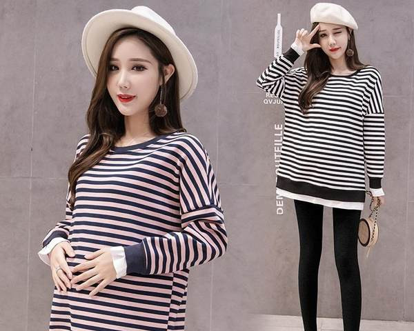 Pikkade varrukatega triibuline ovaalse kaelusega rasedapluus