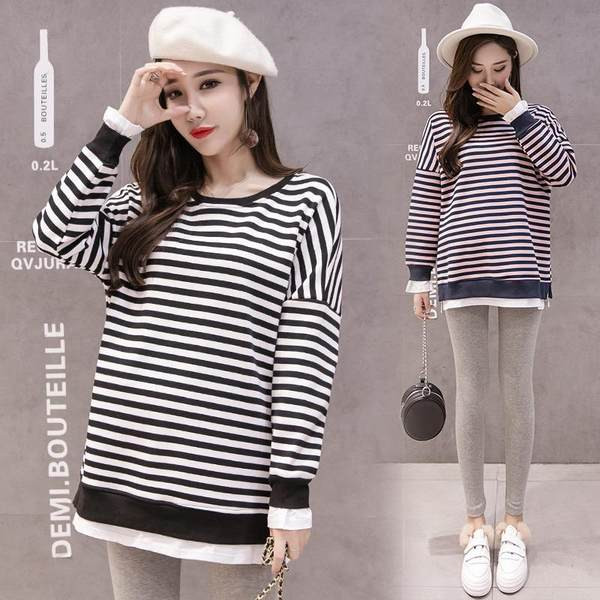 Pikkade varrukatega triibuline ovaalse kaelusega rasedapluus