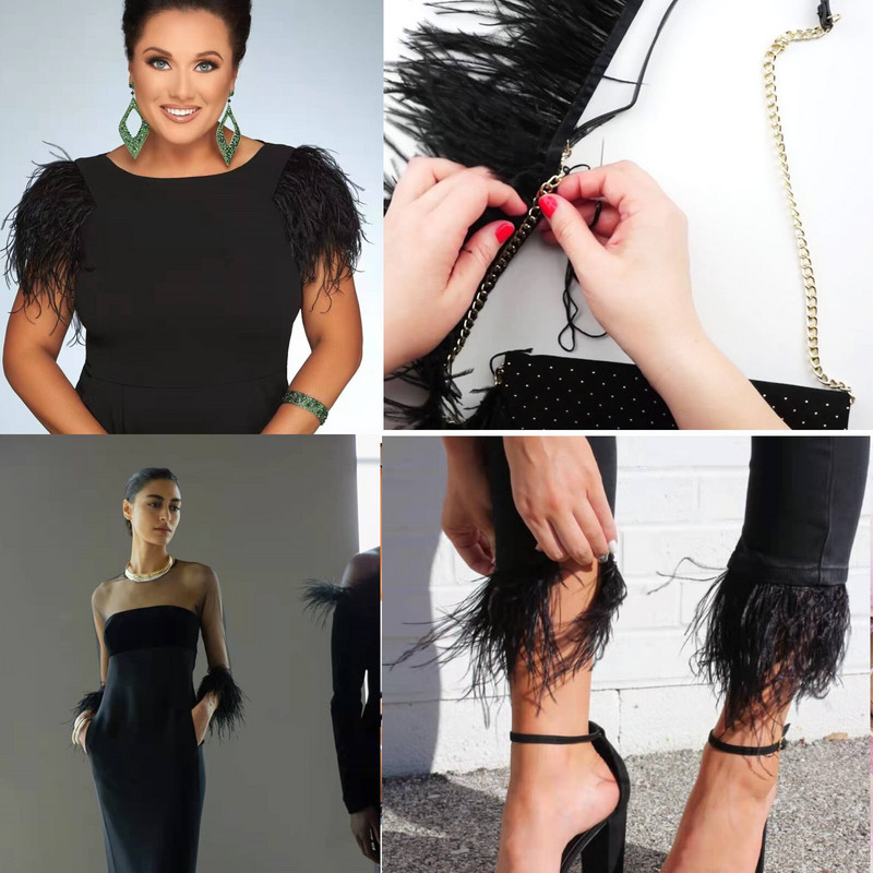 1 metras juodos plunksnos Apkirpti Gaidys Žąsis Strutis Marabu Turkija Plunksna Kraštas rankdarbiams Amatai Suknelė Drabužių siuvimas Dekoracija