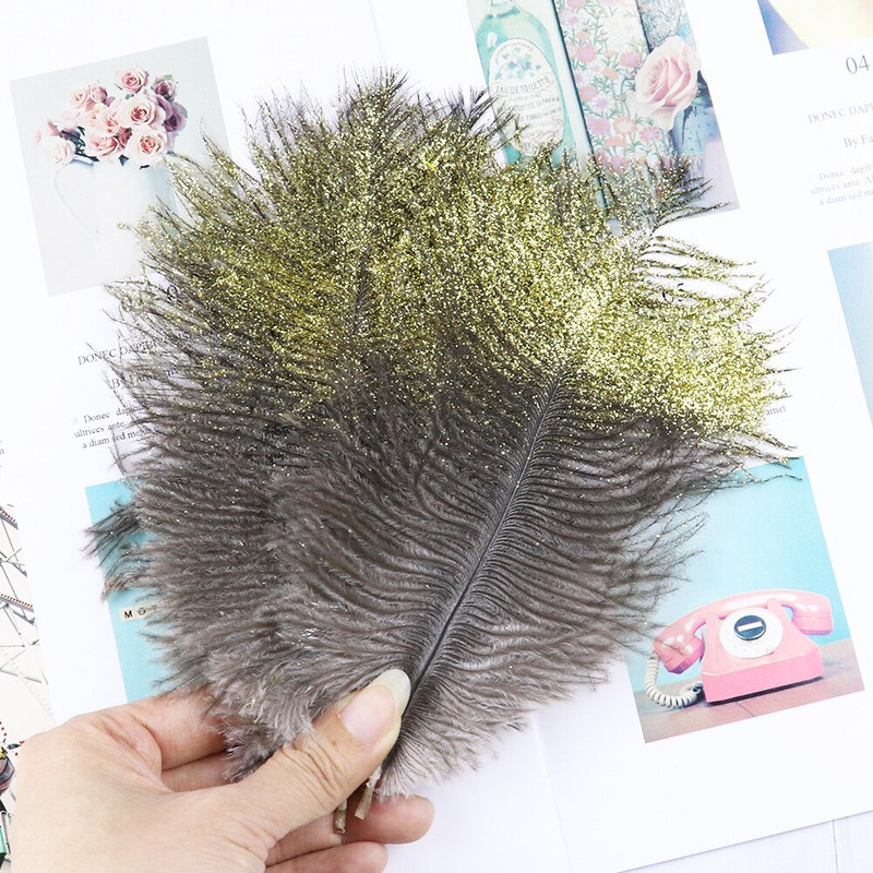 10 бр. Блестящ прах Златисто Сребърно Щраусово перо 15-20 см Бели пера Декорация за сватбено тържество Направи си сам Аксесоари Занаяти Шлейф
