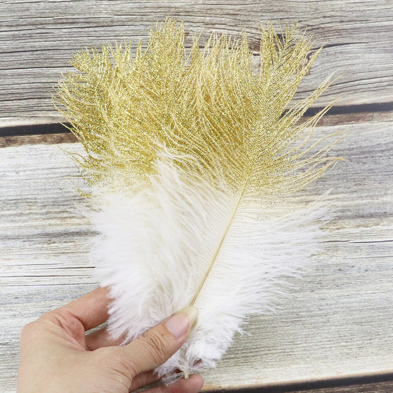 10 бр. Блестящ прах Златисто Сребърно Щраусово перо 15-20 см Бели пера Декорация за сватбено тържество Направи си сам Аксесоари Занаяти Шлейф