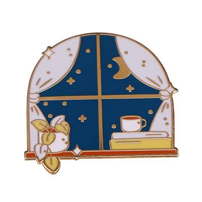 C1455 Ugodno noćno zvjezdano nebo biljka kava i prozor za knjige Emajlirana značka za ovratnik Značka za nakit Poklon