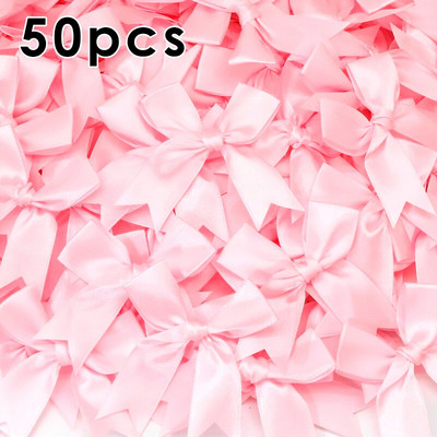 50gab. 85x85mm satīna lentes bantes Mezgls Amatniecības bantes rozā balts mazs puķu kaklasaite kāzu dekorācija bantīte DIY dzimšanas ballīte