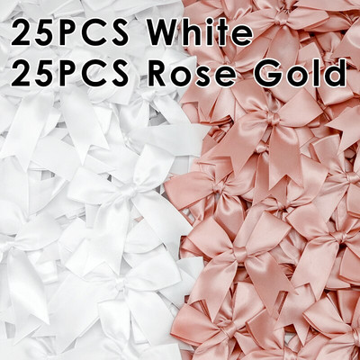 50gab. 85x85mm satīna lentes bantes Mezgls Amatniecības bantes rozā balts mazs puķu kaklasaite kāzu dekorācija bantīte DIY dzimšanas ballīte