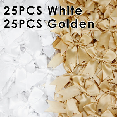 50gab. 85x85mm satīna lentes bantes Mezgls Amatniecības bantes rozā balts mazs puķu kaklasaite kāzu dekorācija bantīte DIY dzimšanas ballīte