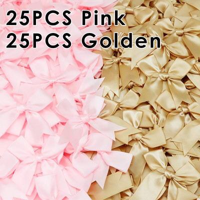 50gab. 85x85mm satīna lentes bantes Mezgls Amatniecības bantes rozā balts mazs puķu kaklasaite kāzu dekorācija bantīte DIY dzimšanas ballīte