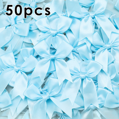 50gab. 85x85mm satīna lentes bantes Mezgls Amatniecības bantes rozā balts mazs puķu kaklasaite kāzu dekorācija bantīte DIY dzimšanas ballīte