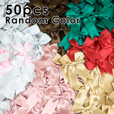 50gab. 85x85mm satīna lentes bantes Mezgls Amatniecības bantes rozā balts mazs puķu kaklasaite kāzu dekorācija bantīte DIY dzimšanas ballīte