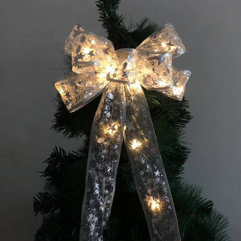 LED Коледна лък Златна, сребърна червена панделка със светлини, отпечатана лък за занаяти, украса за коледна елха, новогодишни консумативи