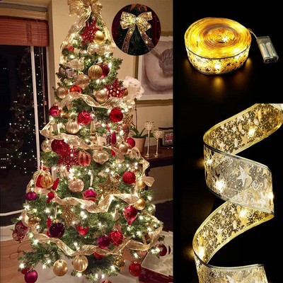 Christmas Decoration LED Ribbon Lights Christmas Tree Ornaments DIY Lace Bows String Lights Navidad Home Decors New Year 2022
