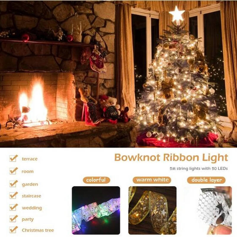 Ziemassvētku rotājumi LED lentes gaismas Ziemassvētku eglīšu rotājumi DIY mežģīņu loki String Lights Navidad mājas dekori Jaunais gads 2022