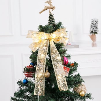 35 см големи коледни лъкове със светещ лък със златно сребърен щампа с LED светлини Коледен занаятчийски подарък Декорация с лък Navidad