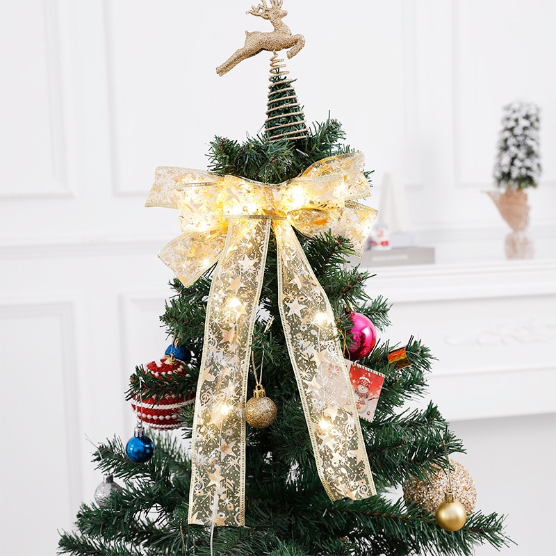 Velike božićne mašne od 35 cm, svjetleća mašna, zlatno-srebrna tiskana mašna s LED svjetlima, božićni obrtnički poklon, ukrasna mašna Navidad