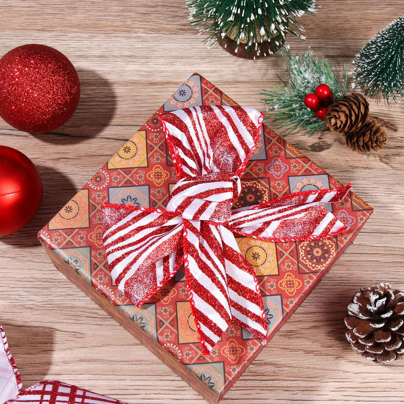 1 rola 25" x 6 jardi Božićna žičana rubna vrpca Ukrasi za božićno drvce Crvena i bijela vrpca Pribor za omatanje vrpce za rukotvorine