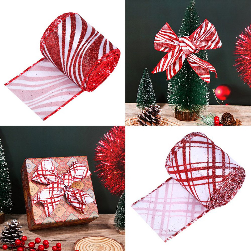 1 rola 25" x 6 jardi Božićna žičana rubna vrpca Ukrasi za božićno drvce Crvena i bijela vrpca Pribor za omatanje vrpce za rukotvorine