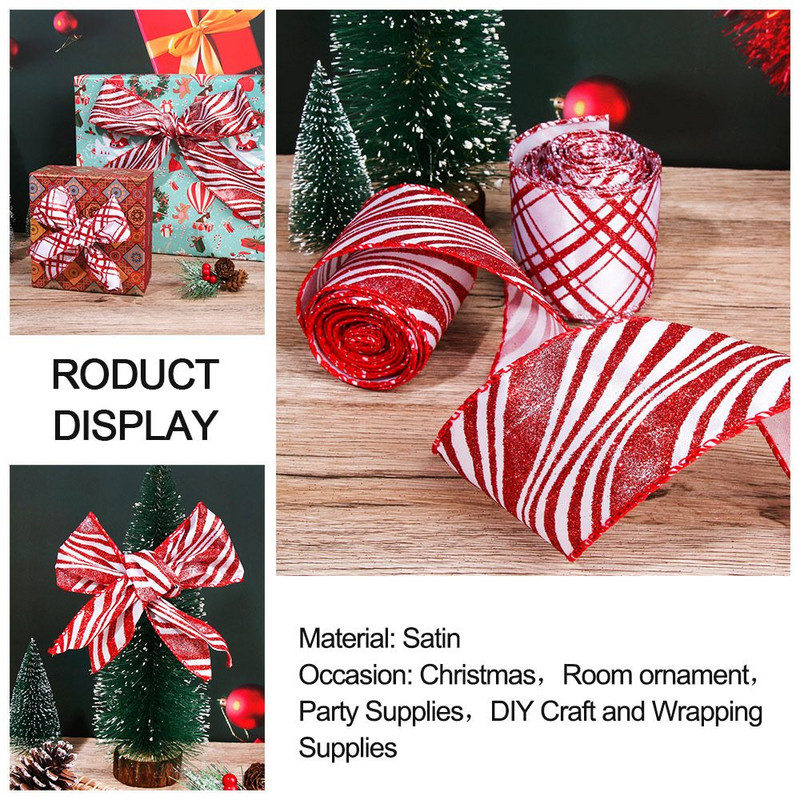 1 rola 25" x 6 jardi Božićna žičana rubna vrpca Ukrasi za božićno drvce Crvena i bijela vrpca Pribor za omatanje vrpce za rukotvorine