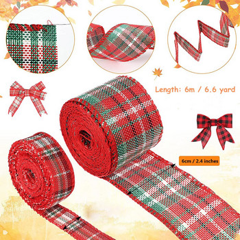 6 M/Roll Коледна панделка с жични ръбове Биволска карирана лента Направи си сам Bowknot Коледна елха Подарък Декорация Лен Решетка Ленти за занаяти