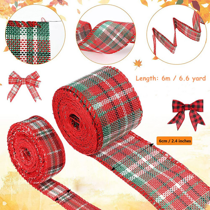 6 M/rulli juhtmega servaga jõululint Pühvli ruuduline lint DIY Bowknot jõulupuu kingituse kaunistus linasest võrest valmistatud käsitööpaelad