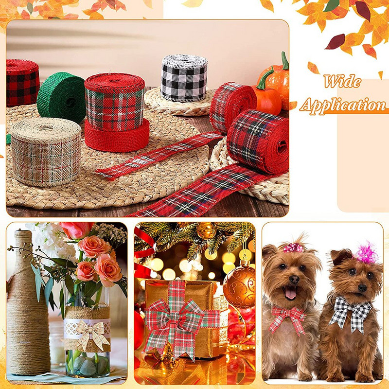 6 M/rulli juhtmega servaga jõululint Pühvli ruuduline lint DIY Bowknot jõulupuu kingituse kaunistus linasest võrest valmistatud käsitööpaelad