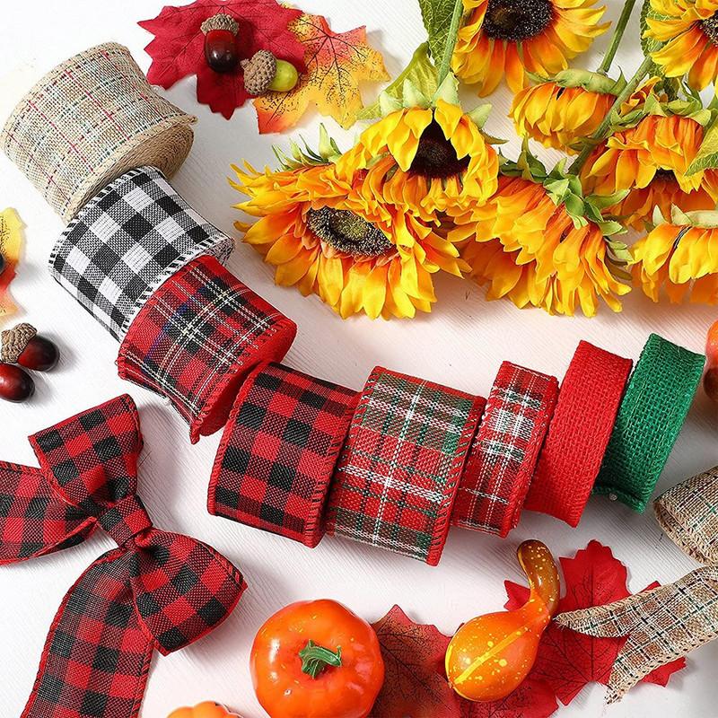 6 M/rulli juhtmega servaga jõululint Pühvli ruuduline lint DIY Bowknot jõulupuu kingituse kaunistus linasest võrest valmistatud käsitööpaelad