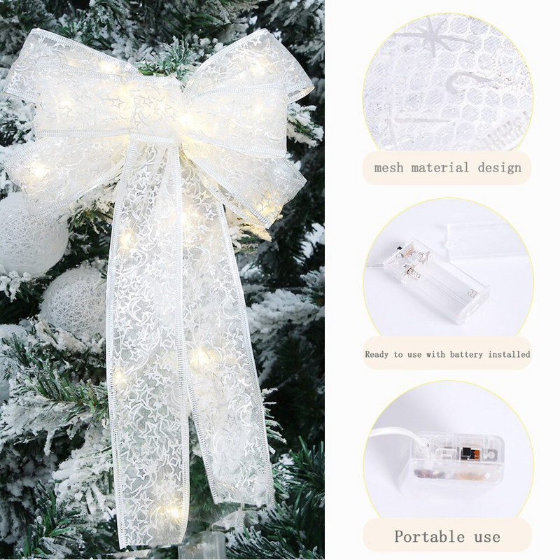 Лента за украса на коледно дърво Възел Звезда Луна Светещ лък Лента за украса на коледно парти Ръчно изработена двойна лък