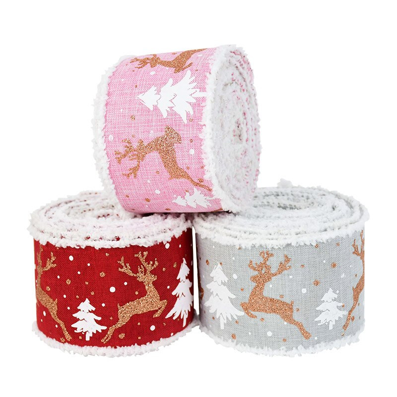 5M punane roosa jõulupuu põdraga trükitud lint Särava hirve trükiga juhtmega servaga lint DIY jõulupeo kingituste pakkimislindile