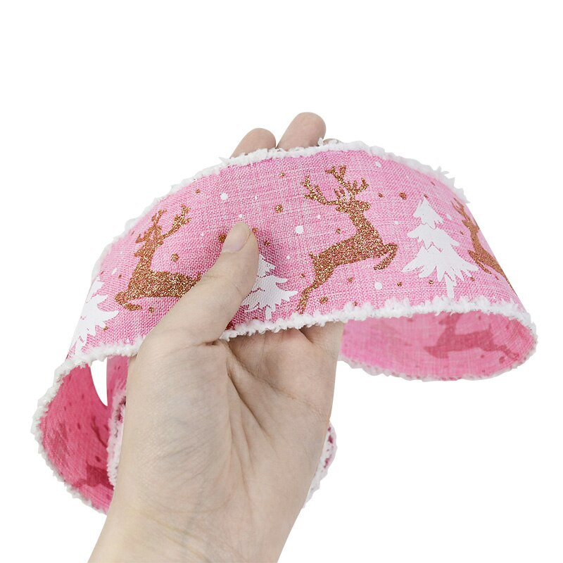 5M punane roosa jõulupuu põdraga trükitud lint Särava hirve trükiga juhtmega servaga lint DIY jõulupeo kingituste pakkimislindile