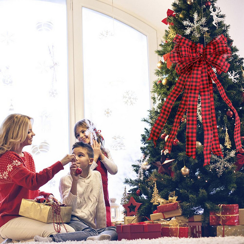 Kalėdų eglutės antgalis Buffalo Plaid raudonas juodas audeklas Dekoratyvinis lankelis kaimiškas sodybos Kalėdų papuošalai Namų dekoras Hogardas