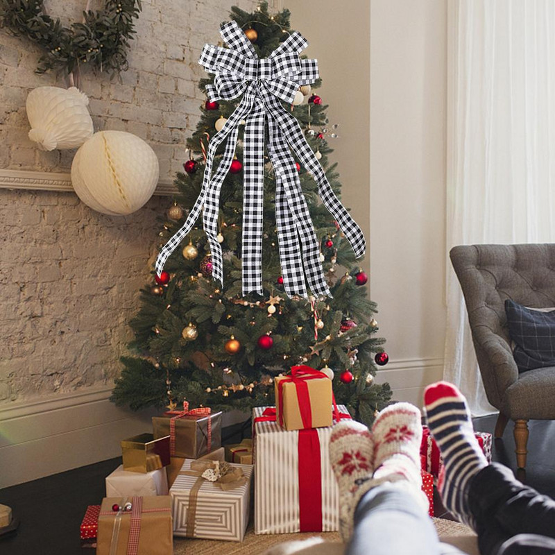 Kalėdų eglutės antgalis Buffalo Plaid raudonas juodas audeklas Dekoratyvinis lankelis kaimiškas sodybos Kalėdų papuošalai Namų dekoras Hogardas
