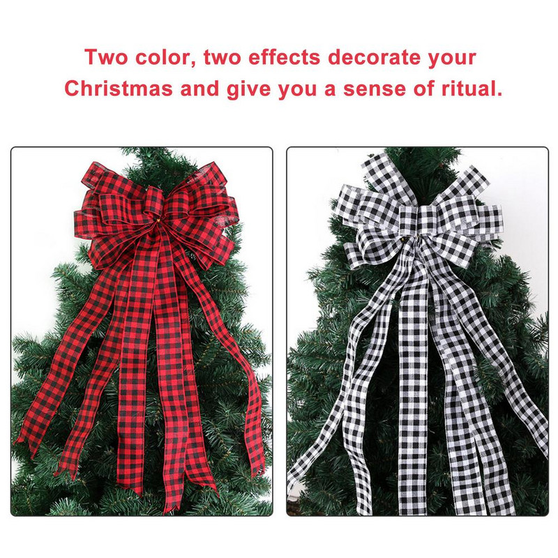Kalėdų eglutės antgalis Buffalo Plaid raudonas juodas audeklas Dekoratyvinis lankelis kaimiškas sodybos Kalėdų papuošalai Namų dekoras Hogardas