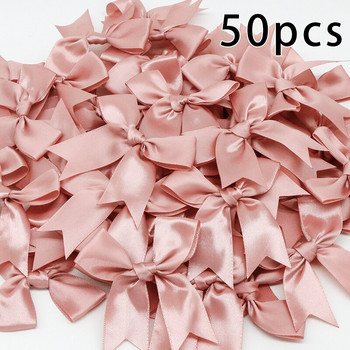 50 БР. 85*85 мм розови сатенени панделки, лъкове, опаковки за декорация, опаковане на подаръци, малки цветя с бантик, направи си сам лъкове за изработка на сватбен лък, раждане