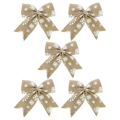 5PCS Ленена снежинка с принт Коледна висулка с лък Червено сива сладка кърпа Големи лъкове Коледна елха Декорация 2022 Navidad Noel Орнамент