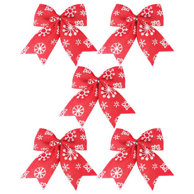 5PCS Ленена снежинка с принт Коледна висулка с лък Червено сива сладка кърпа Големи лъкове Коледна елха Декорация 2022 Navidad Noel Орнамент