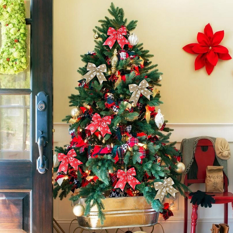 5PCS Ленена снежинка с принт Коледна висулка с лък Червено сива сладка кърпа Големи лъкове Коледна елха Декорация 2022 Navidad Noel Орнамент