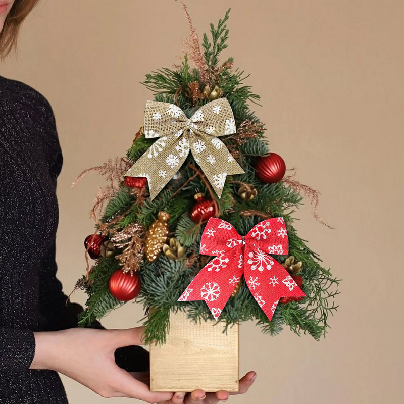 5PCS Ленена снежинка с принт Коледна висулка с лък Червено сива сладка кърпа Големи лъкове Коледна елха Декорация 2022 Navidad Noel Орнамент