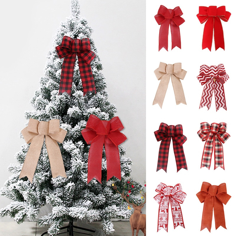 Pom de Crăciun mare roșu lenjerie carouri bowknot handmade cutie cadou ambalaj decorative mari funde pentru petrecere de Anul Nou Decor de nuntă
